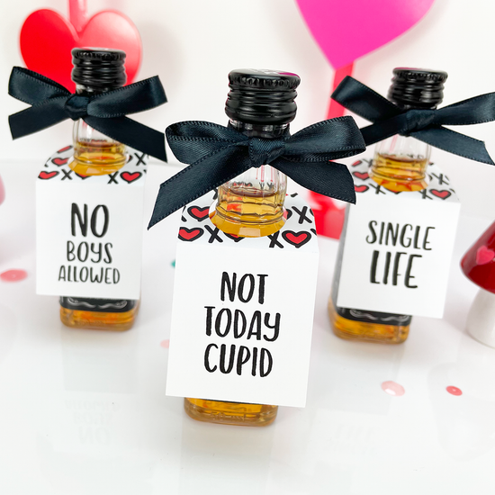 Galentines day party favor tags for mini liquor bottles