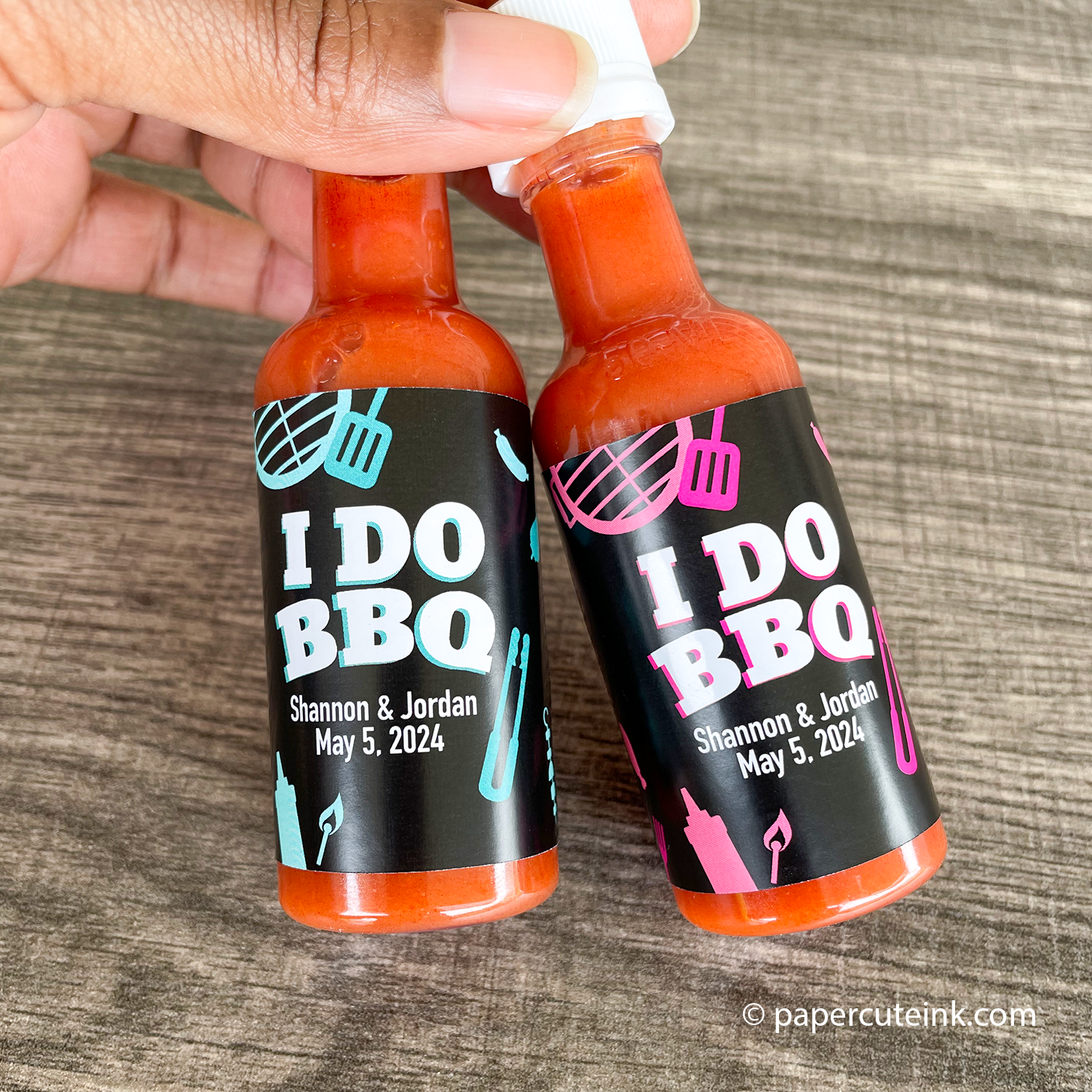 backyard bbq engagement party favors mini sauce bottles pink and blue favor labels