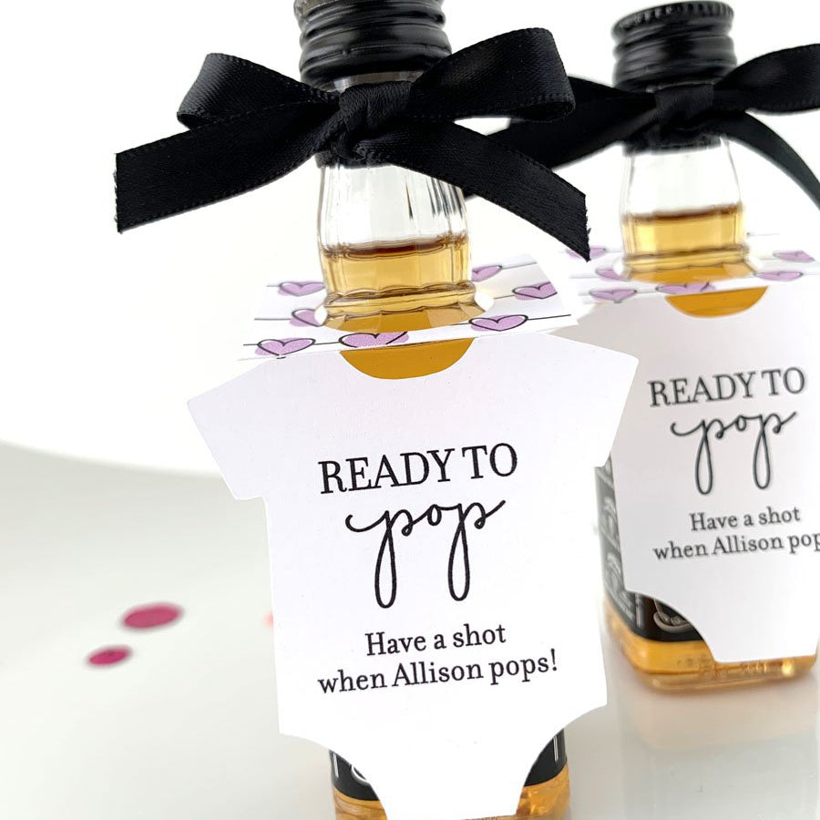 ready to pop baby shower onesie bottle tags