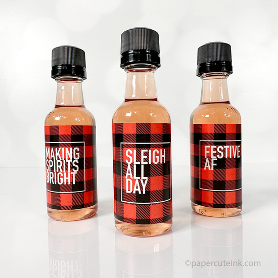 holiday party liquor bottle labels red plaid