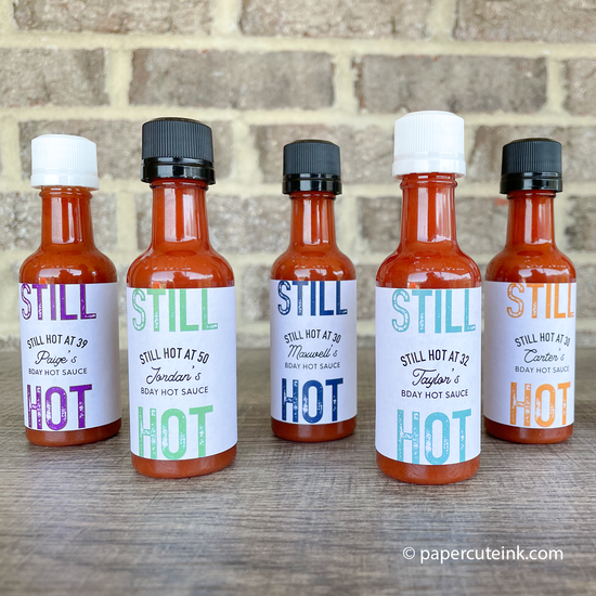 miniature hot sauce favors for a birthday party
