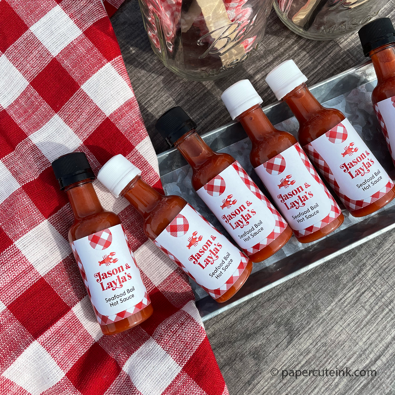 backyard crab boil miniature hot sauce bottle party favors