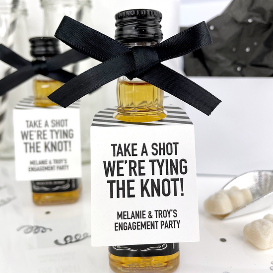 take a shot engagement party mini liquor tags