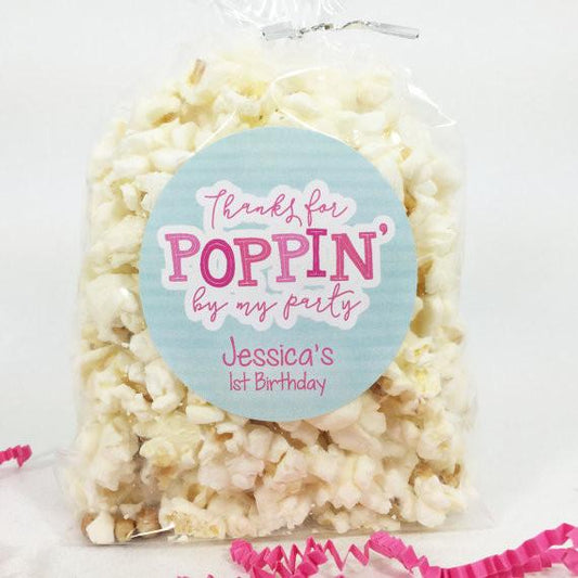 Thanks For Poppin By My Party Popcorn Favor Stickers