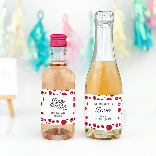 valentines day bottle labels for mini wine and mini champagne.