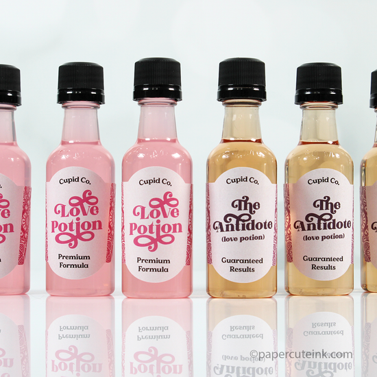Valentine day love potion and the antidote mini liquor bottle labels