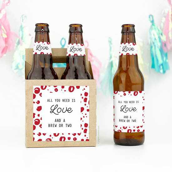 Valentines Day Custom beer bottle labels and 4pk carrier