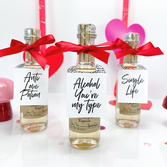 Galentine's Day Party Favors Gift Tags for mini liquor bottles.