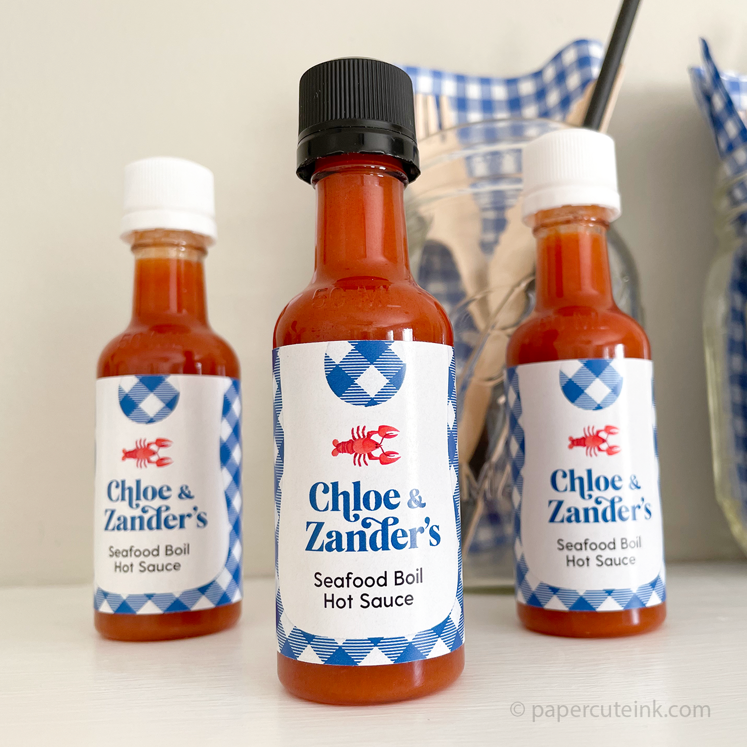 Wedding engagement party favors for crawfish boil blue gingham pattern