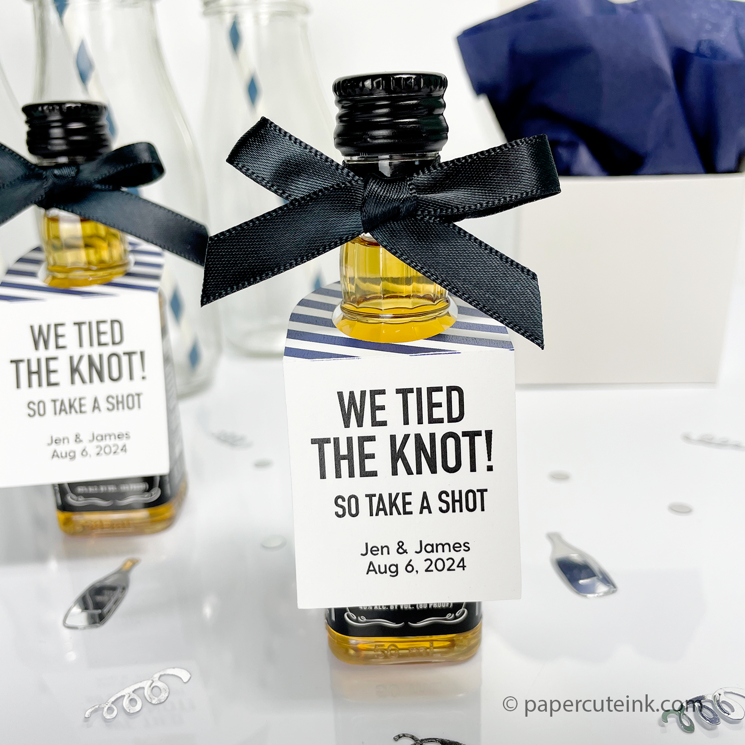 navy wedding favors mini liquor bottle tags